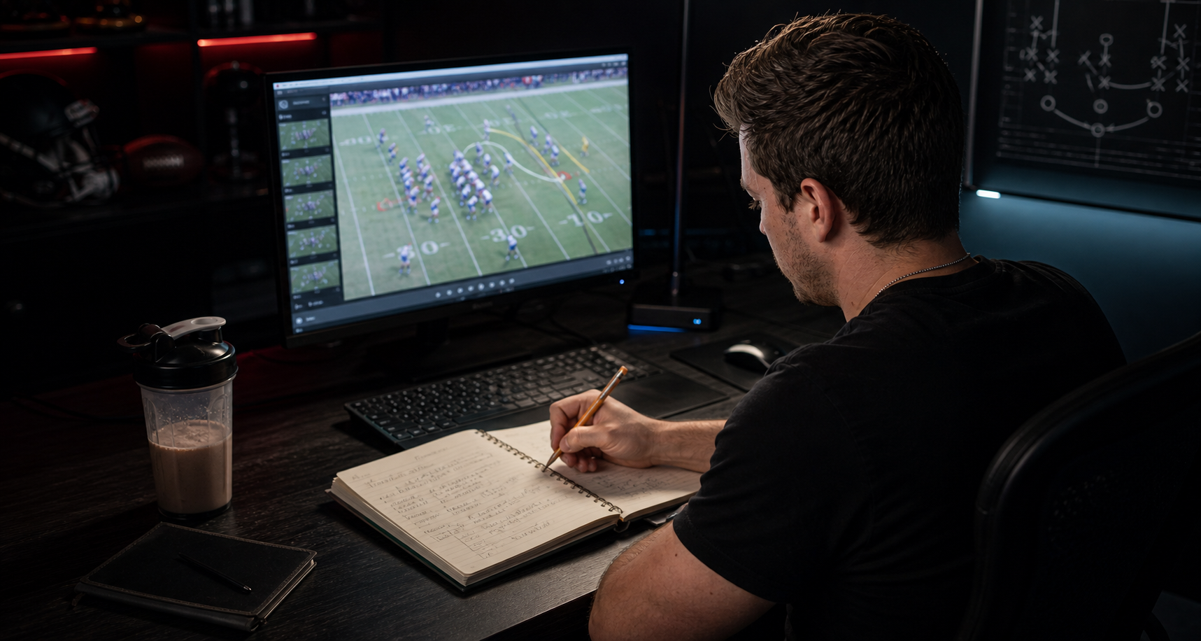 Devon Clements studying football film and writing notes at a desk.