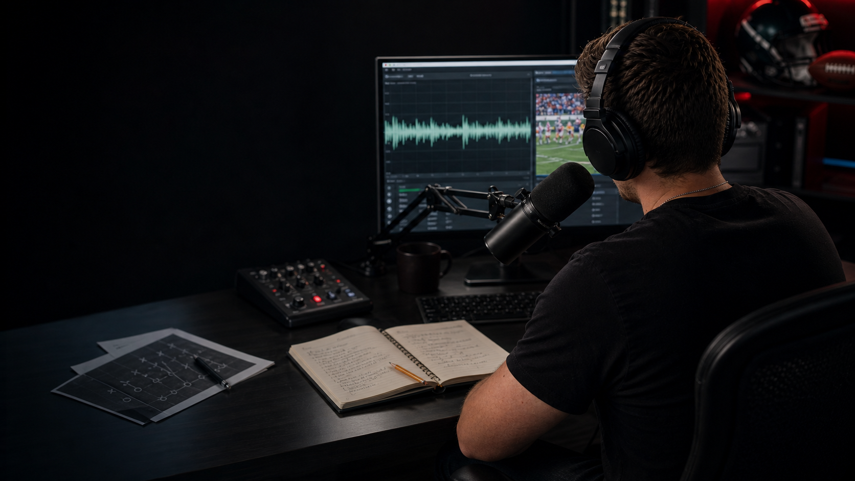 Devon Clements recording football audio analysis at a desk.