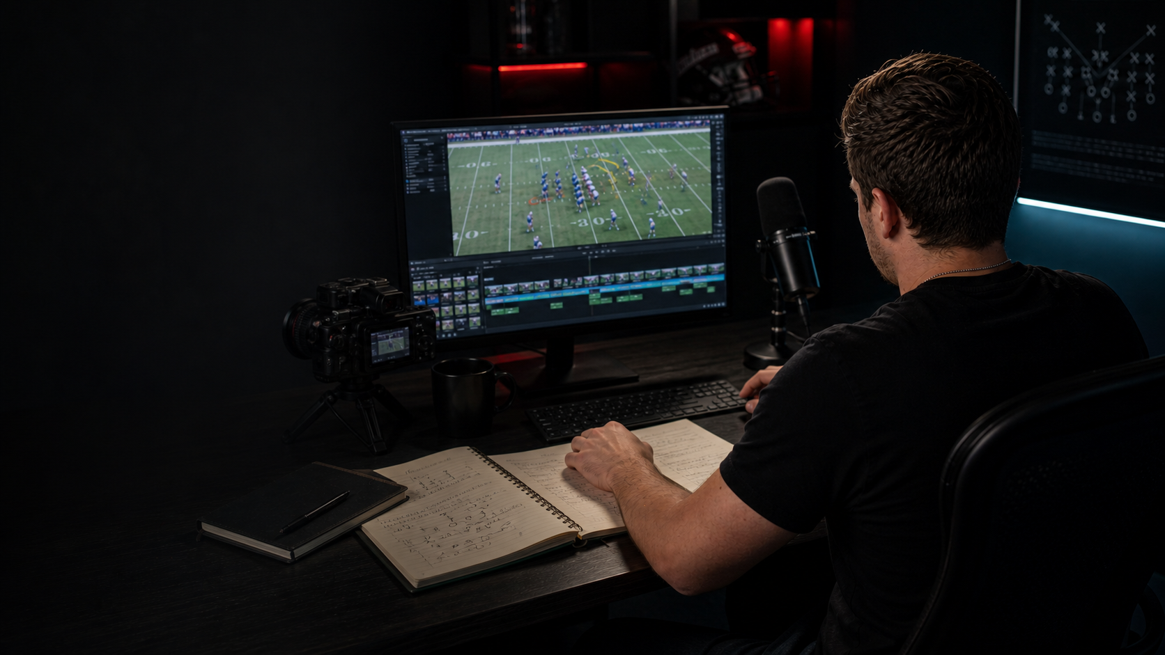 Devon Clements studying football film while preparing video analysis at a desk.